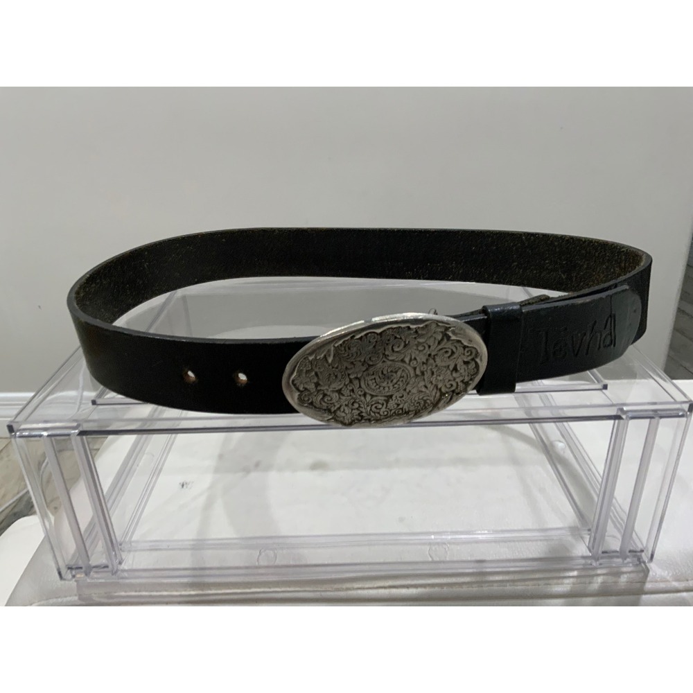 Tevha Black Leather Belt Ornate Silver Oval Floral Buckle Western Boho 34 Inch
